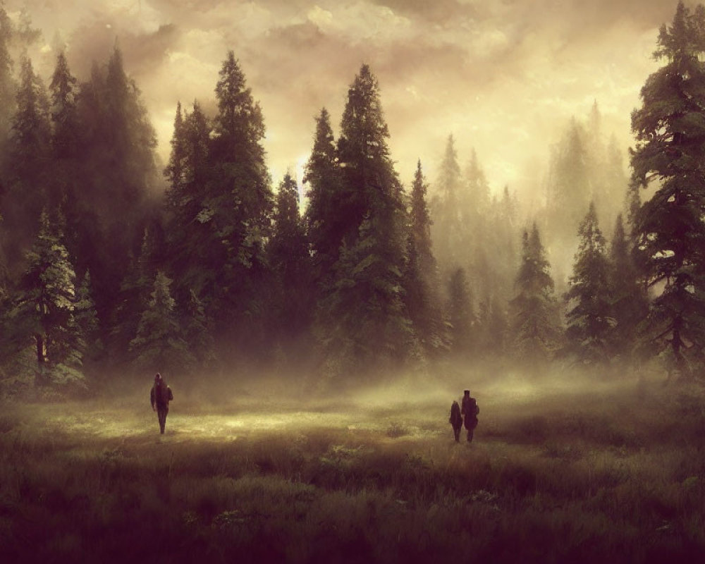 Misty forest scene with two people walking between tall pine trees
