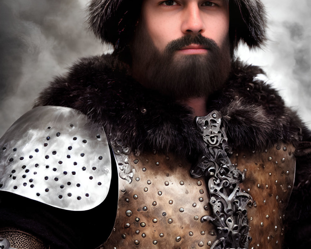 Medieval armor-clad man with fur hat in studded leather jerkin on smoky background