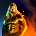 Muscular animated character with long blonde hair in front of fiery background