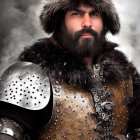 Medieval armor-clad man with fur hat in studded leather jerkin on smoky background