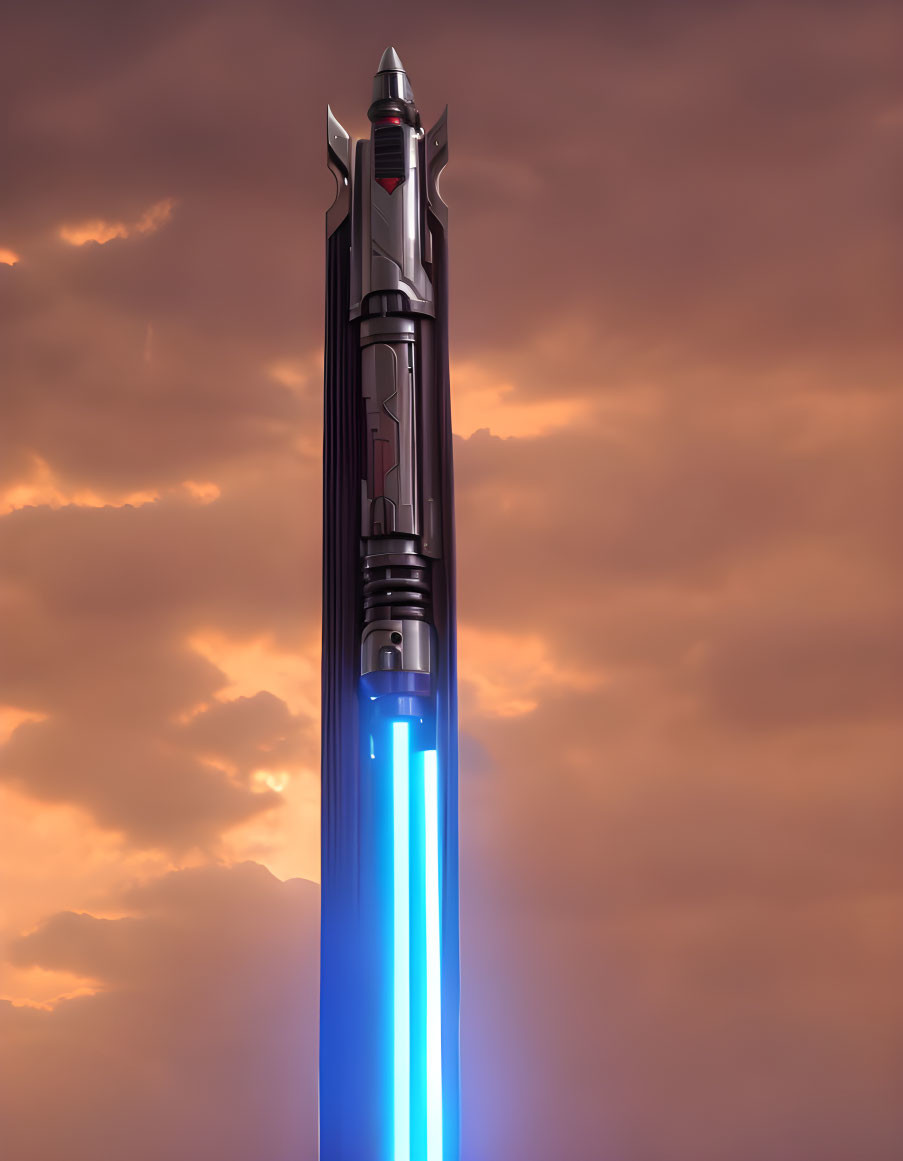 Detailed metallic hilt blue lightsaber against dusky sky