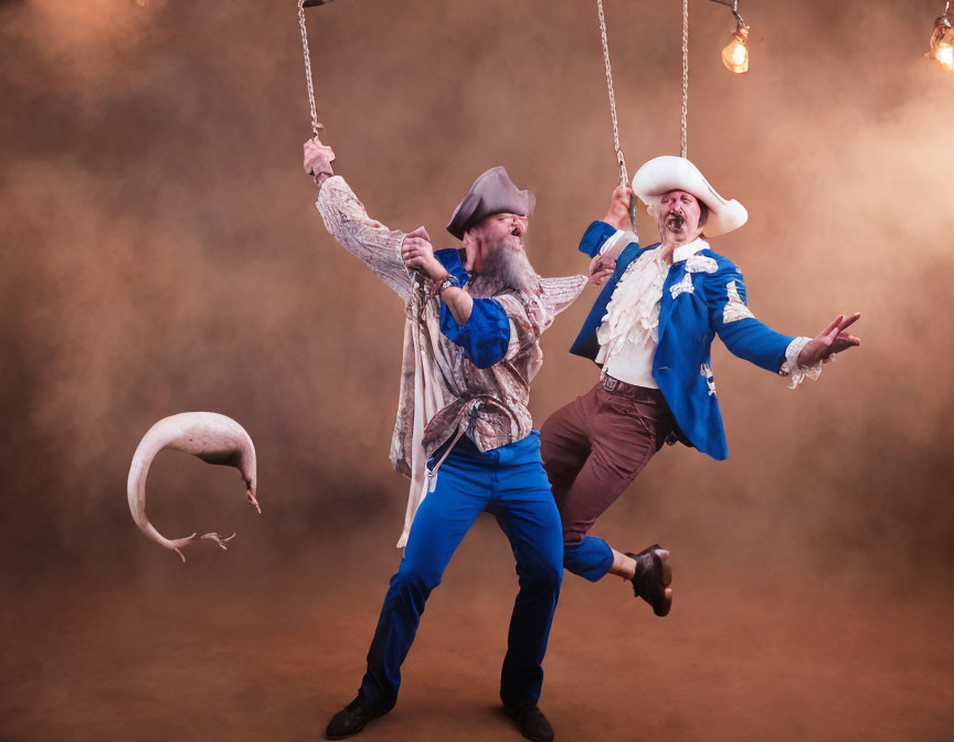 Men in blue and gray costumes swinging on ropes in a smoky stage setting