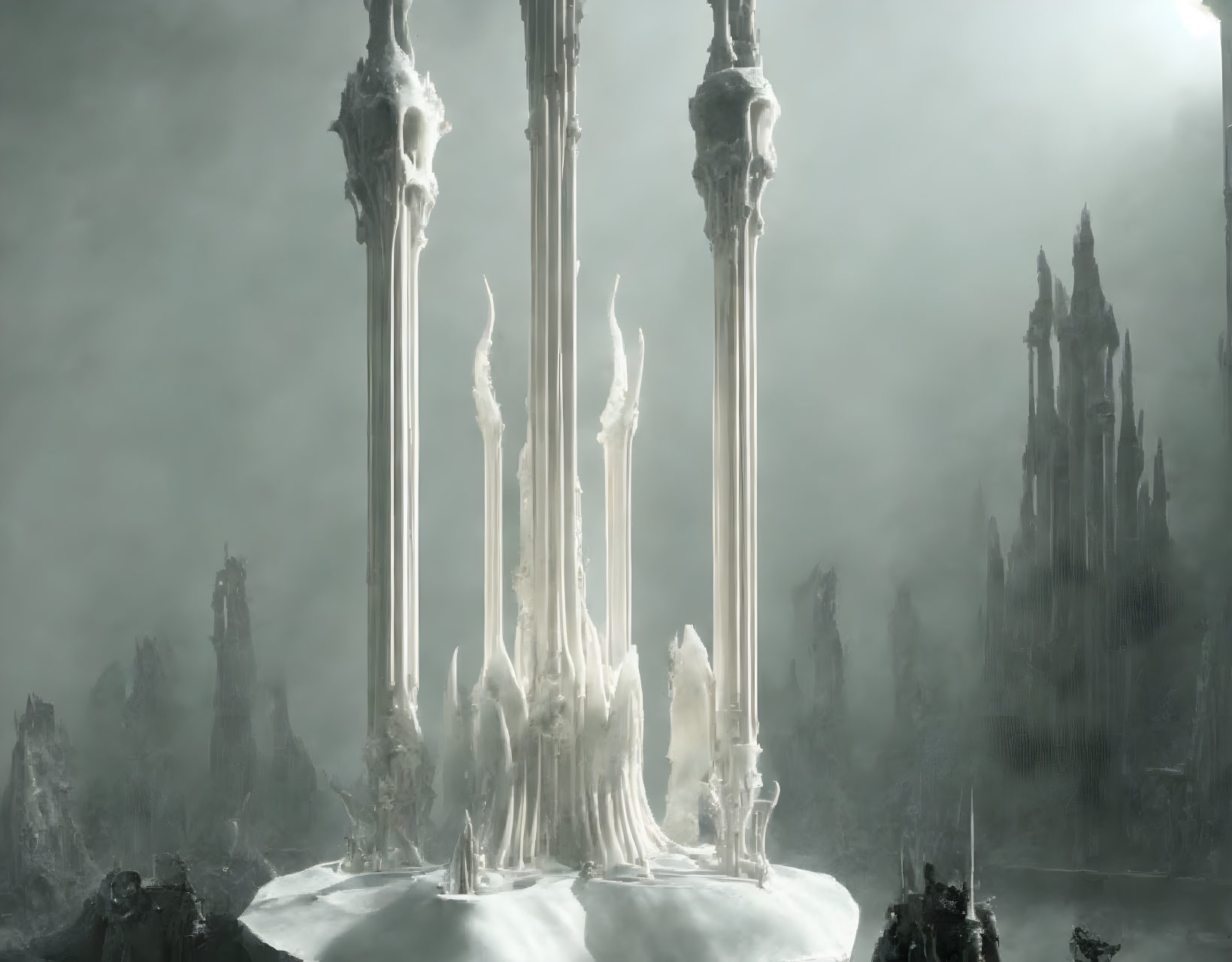 Ethereal landscape with skeletal spires in misty terrain