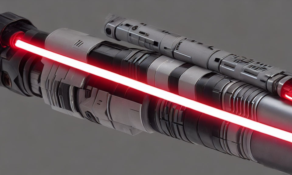 Detailed Metallic Lightsaber Hilt with Glowing Red Blade on Grey Background