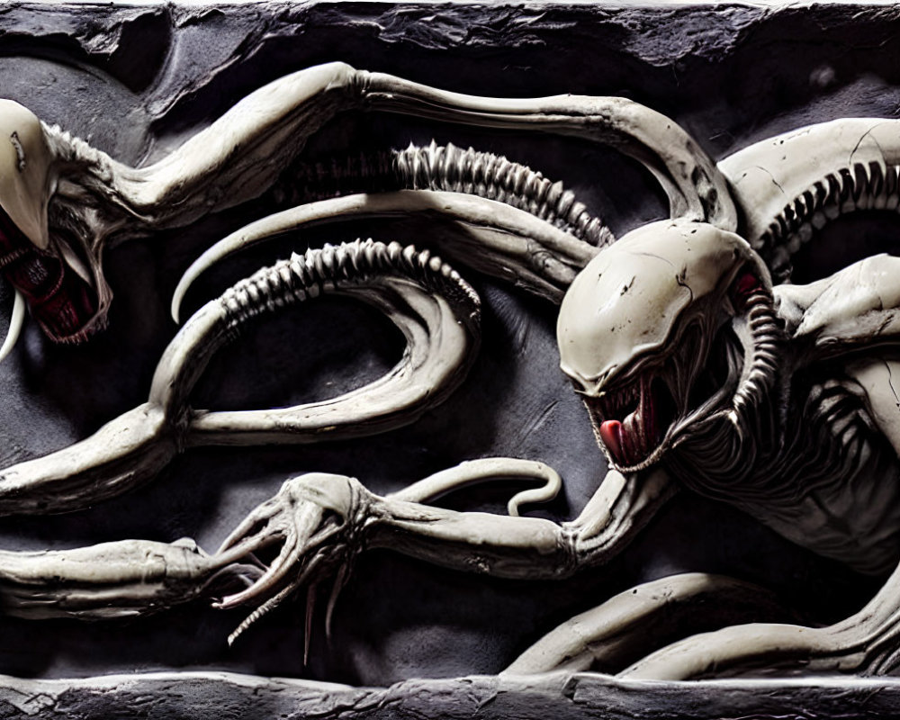 Elongated alien creatures with skeletal features and protruding spines in dark setting