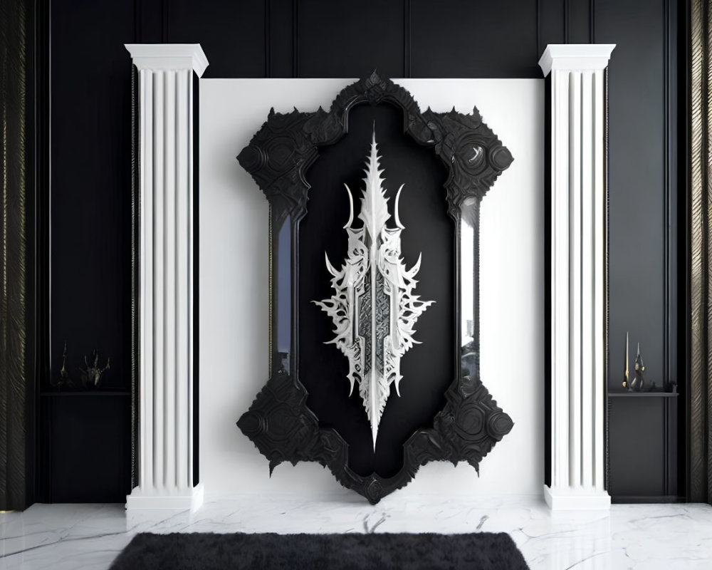 Symmetrical white sword on ornate black mirror in minimalist room