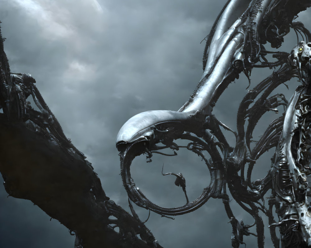 Eerie biomechanical landscape with large moon and alien-like structures