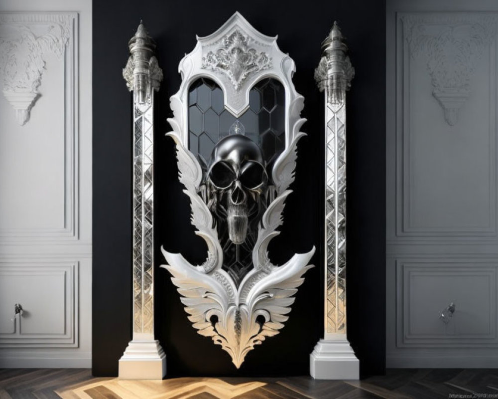 Detailed Gothic Door with Reflective Black Surface and Silver Skull