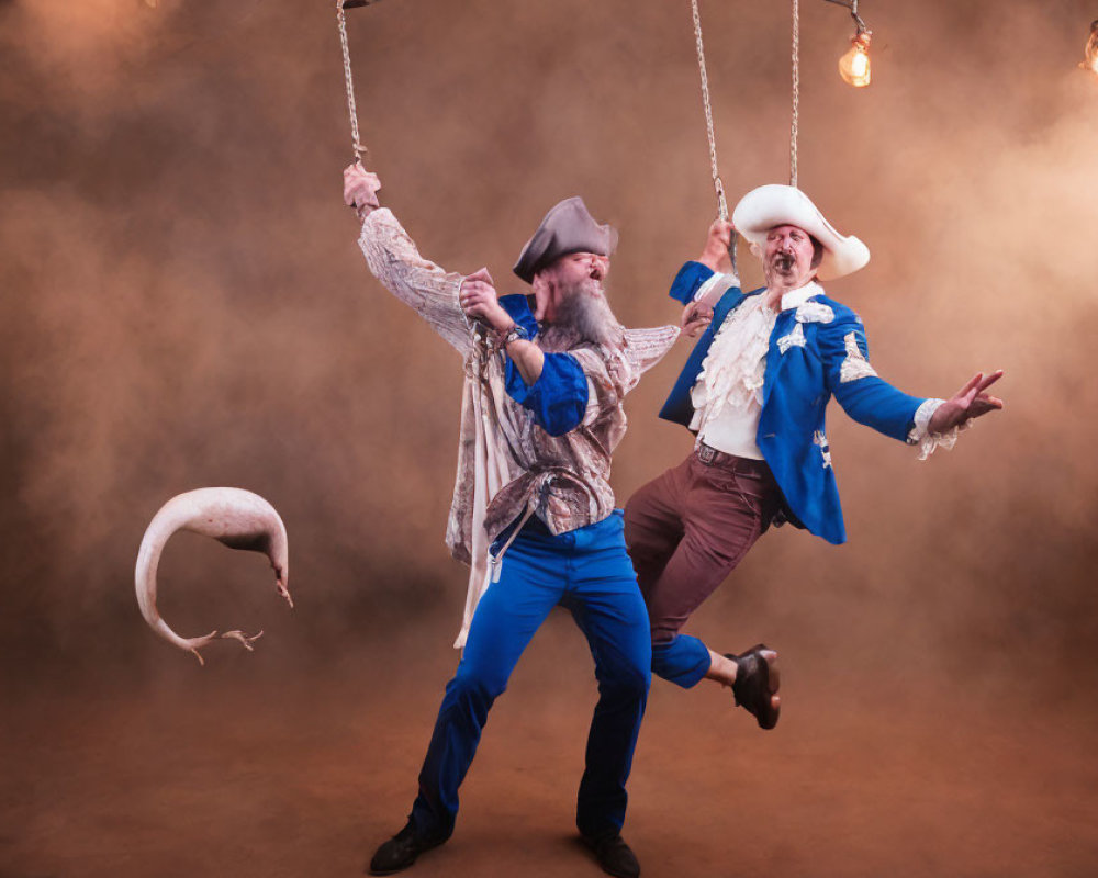 Men in blue and gray costumes swinging on ropes in a smoky stage setting