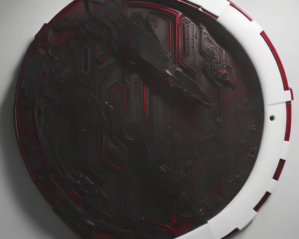 Circular Sci-Fi Hatch with Red and Black Patterns in Mechanical Design