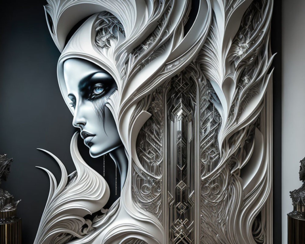 Stylized 3D artwork of female figure with ornate white hair and feathers on dark background