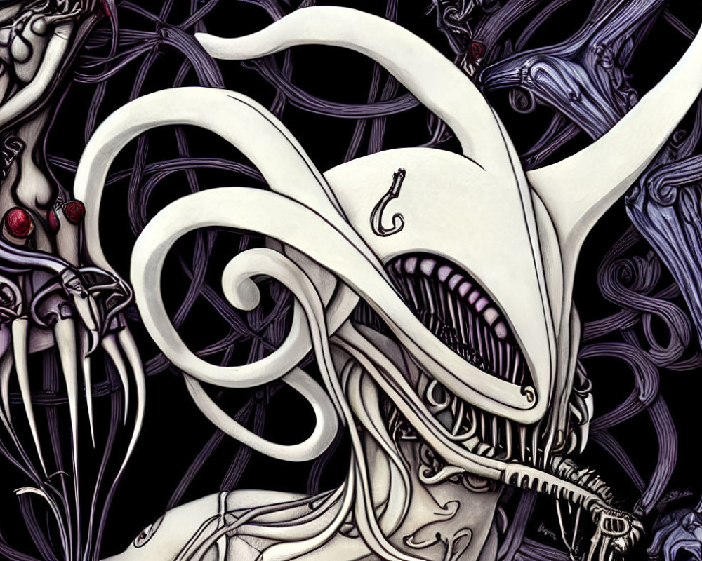Detailed black and white illustration of menacing tentacled creature with sharp teeth.