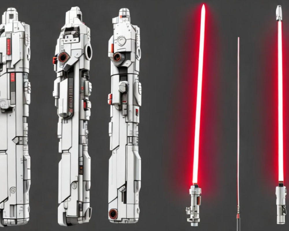 Red double-bladed lightsaber in four stages on grey background
