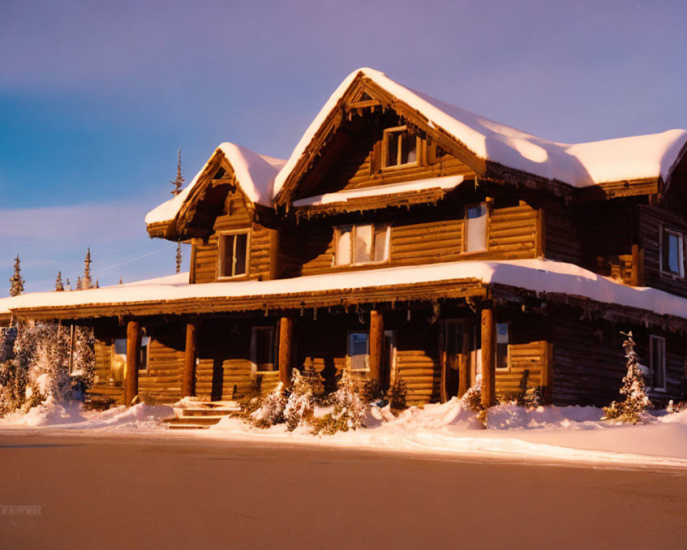 Snow-covered log cabin with glowing warm lights at twilight