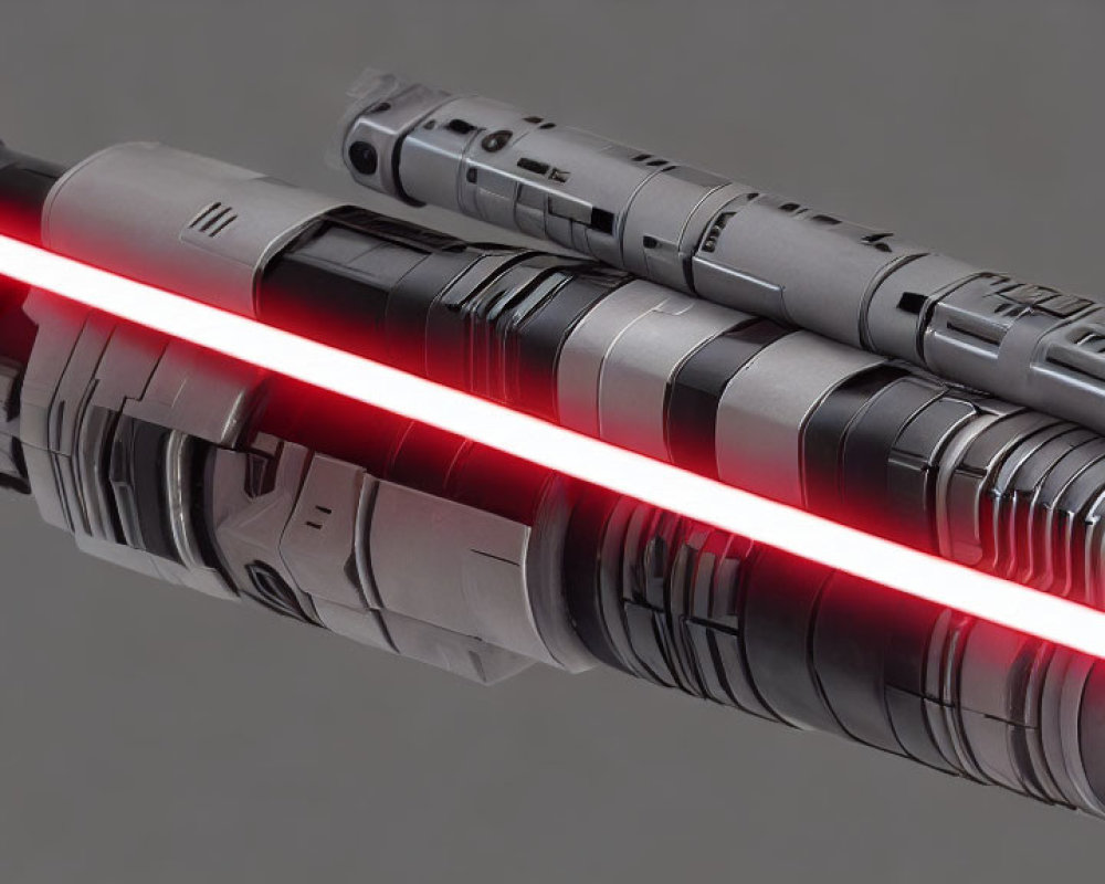 Detailed Metallic Lightsaber Hilt with Glowing Red Blade on Grey Background