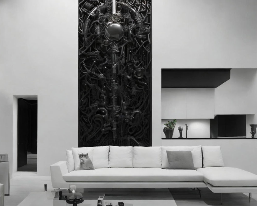 Monochrome living room with white sofa and black wall relief