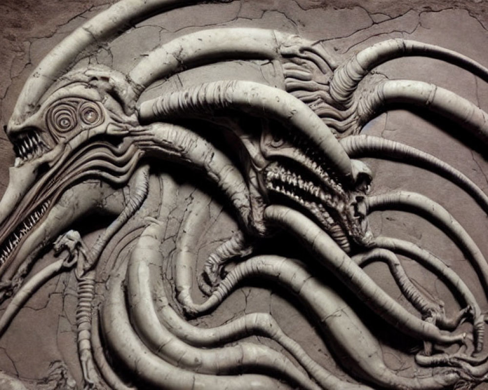 Detailed relief sculpture of mythical creature with tentacle-like appendages