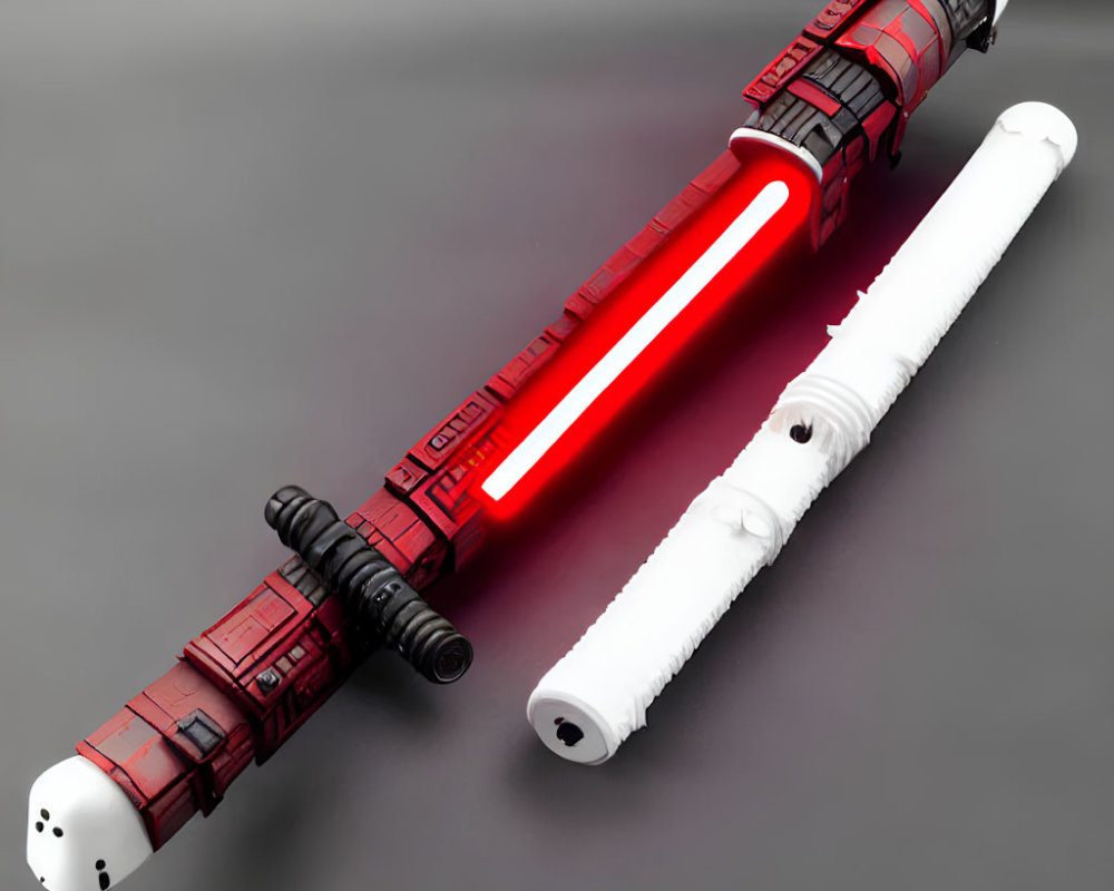 Intricately designed red and white lightsabers on reflective surface