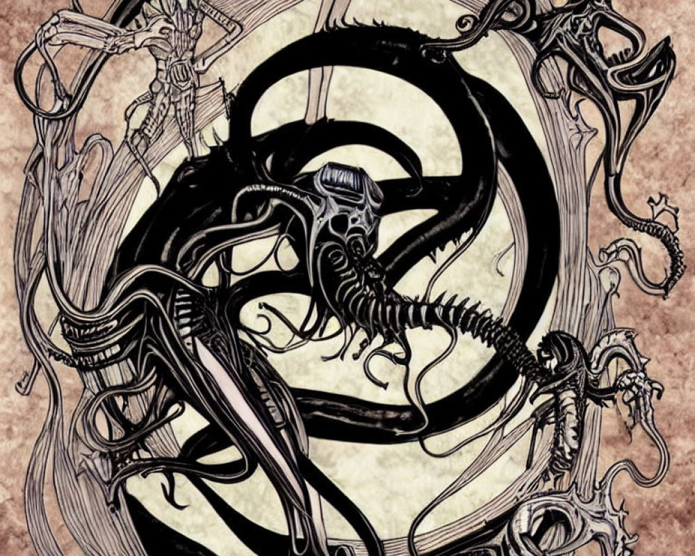 Detailed black and white skeletal figure with tentacles in ornate swirls on textured background
