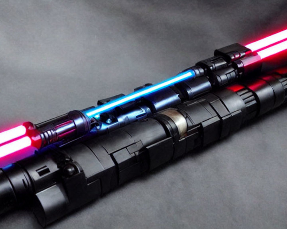 Illuminated Lightsabers: Blue and Red Blades Crossed on Dark Background