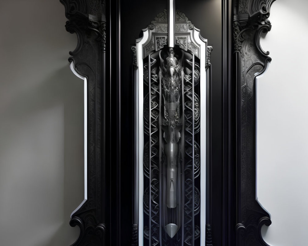 Black ornate wardrobe with intricate details and surreal mirrored extension in dimly lit void
