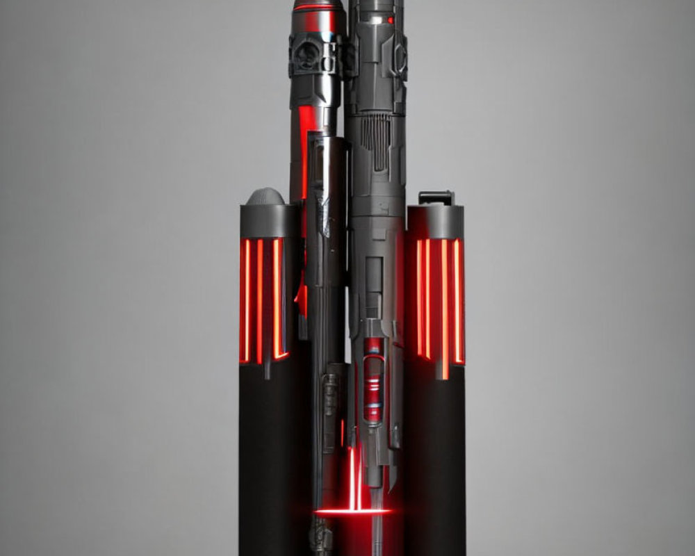 Three Black and Red Lightsabers with Illuminated Accents on Gray Background