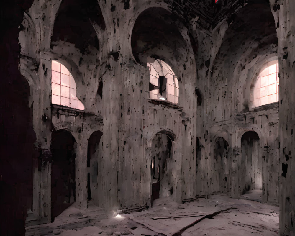Abandoned building interior with arches, damaged walls, sunlight, and debris