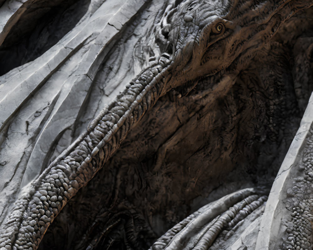 Detailed reptilian sculpture with intertwined creatures and textured scales.