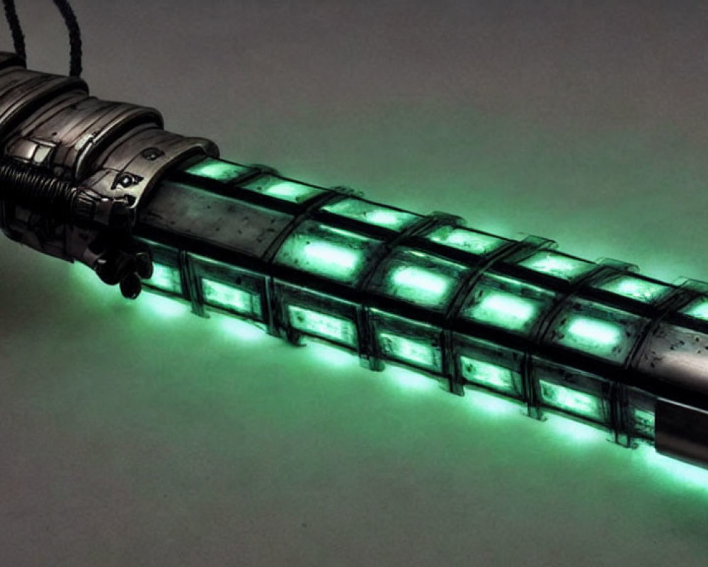 Futuristic glowing green tube with metallic details and wires attached.