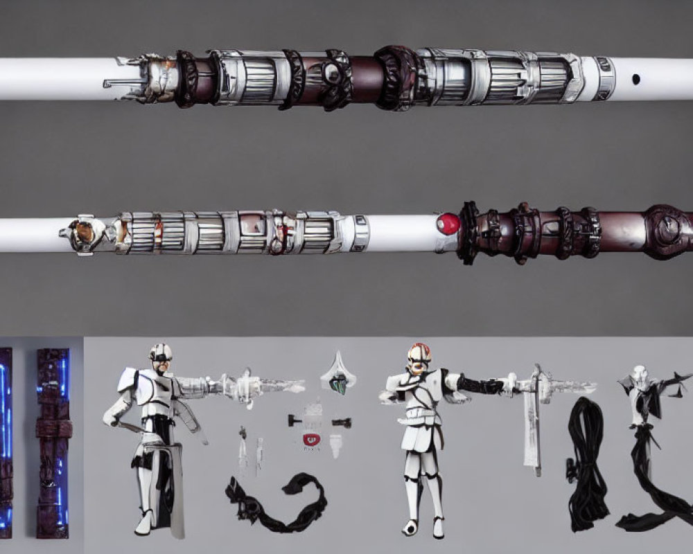 Detailed Lightsaber Hilt Models with Interchangeable Parts and Action Figures posed in Various Weapon Configurations