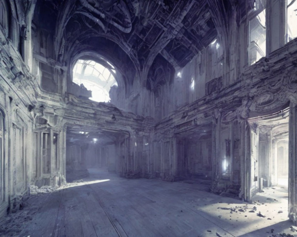 Decaying grand hall with ornate columns and rubble under natural light