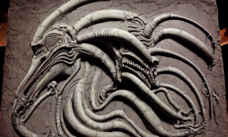 Detailed relief sculpture of mythical creature with tentacle-like appendages