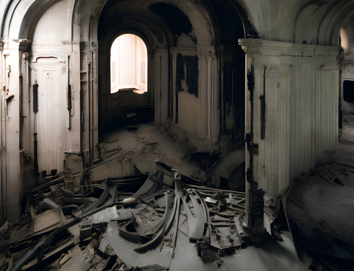 Abandoned interior with crumbling walls and scattered debris
