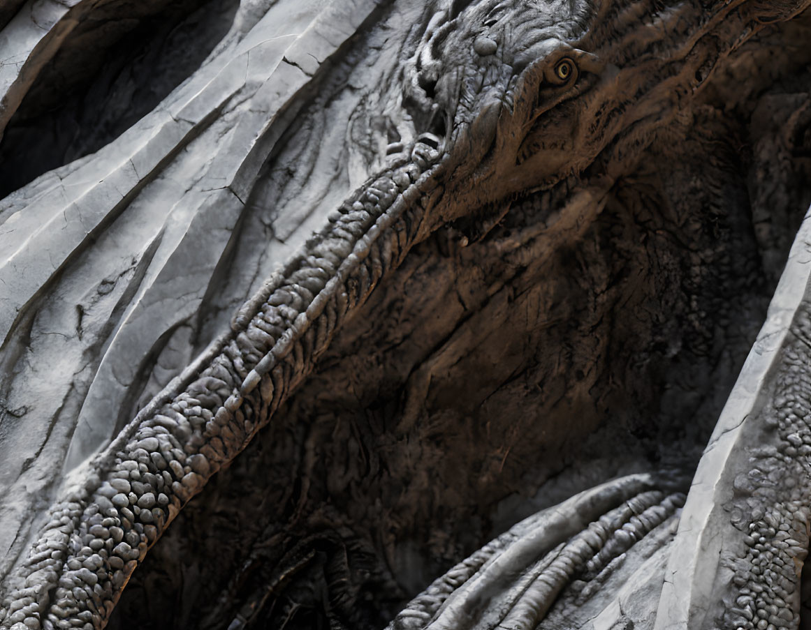 Detailed reptilian sculpture with intertwined creatures and textured scales.