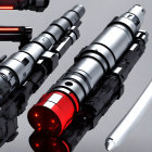 Three detailed lightsaber hilts on reflective surface, one with red blade