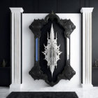 Symmetrical white sword on ornate black mirror in minimalist room