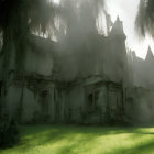 Abandoned mansion in mist with overgrown vegetation and decaying facade