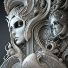 Stylized 3D artwork of female figure with ornate white hair and feathers on dark background