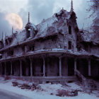 Snow-covered abandoned house with dilapidated columns under a gloomy sky.