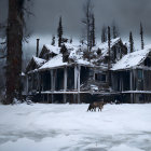 Snow-covered cabin in woods with lone wolf on icy ground