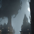 Gothic castle hovering above misty night with glowing windows
