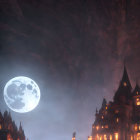 Gothic castle with illuminated windows under full moon