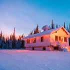 Snow-covered log cabin in frosty forest at dusk