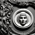 Monochrome photo of stylized human face in ornate baroque frame