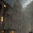 Gothic-style structure in misty rain under warm lights