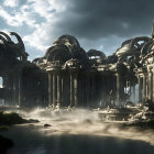 Ancient ruins with towering columns and domed structures near misty water