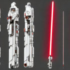 Red double-bladed lightsaber in four stages on grey background