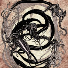 Detailed black and white skeletal figure with tentacles in ornate swirls on textured background
