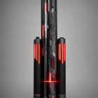 Three Black and Red Lightsabers with Illuminated Accents on Gray Background