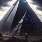 Futuristic pyramid in mist with smaller step-pyramids under dusky sky